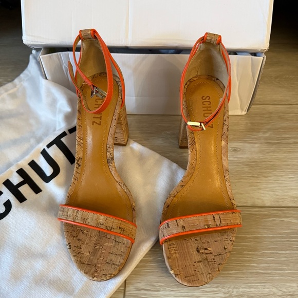 NEW SCHUTZ Cadey Lee Block Casual High Heel Orange Cork Shoes Sandal Strappy 7 - Picture 4 of 12